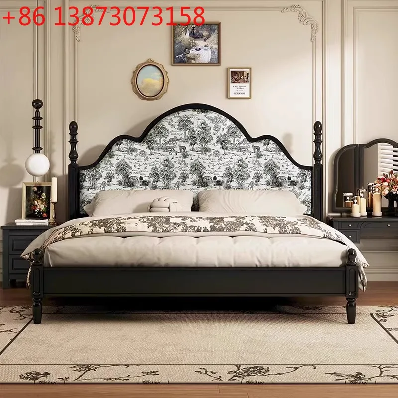 

French bed retro black 1.8 meters double bed master bedroom all solid wood American high-end premium soft bag medium and ancient