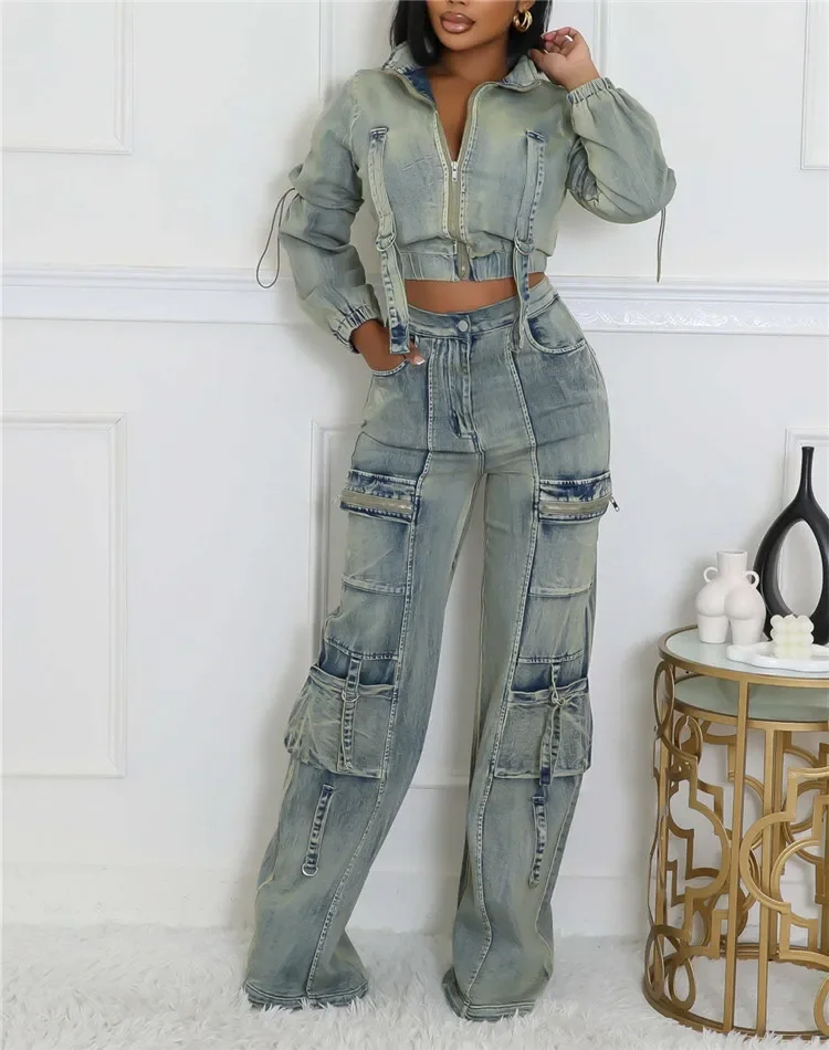 Fashion Denim Women's Set Jacket and Pocket Cargo Jeans Pants 2024 Street Two 2 Piece Sets