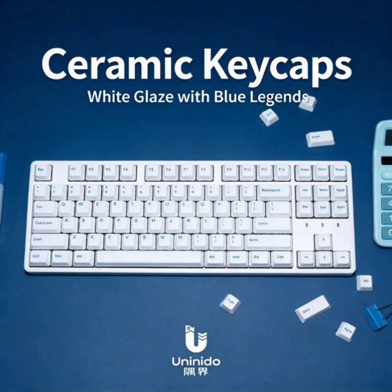 Uninido Ceramic Keycaps Full Set White Glazed Surface Blue Engraved Cherry Profile For 87/108 Mechanical Keyboard Custom Keycap