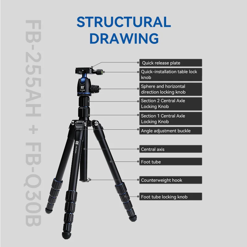 FB-255AH + FB-Q30B profissional câmera dslr vídeo monopé tripé bola cabeça de 360 graus rotação câmera tripé suporte