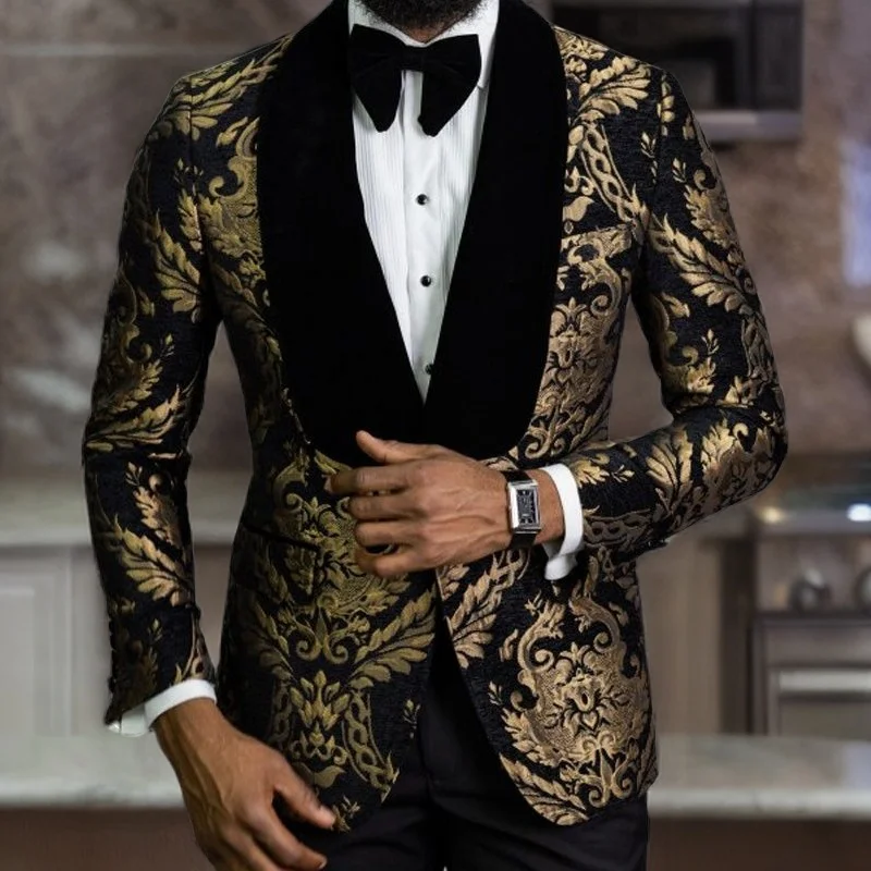 Floral Jacquard Prom Blazer for Men African Fashion Slim Fit with Velvet Shawl Lapel Male Suit Jacket for Wedding Groom 2024