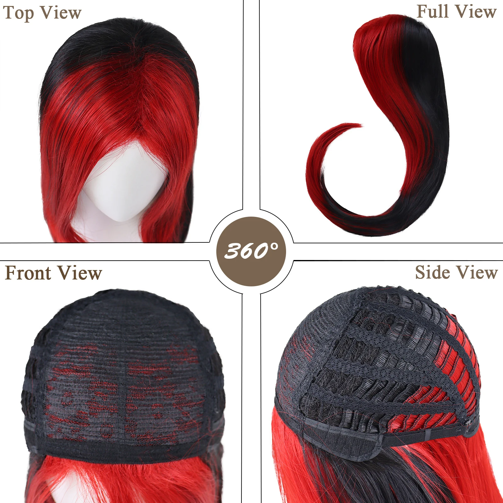 สังเคราะห์ผมยาวสีแดงและวิกผมสีดําสําหรับผู้หญิง Silky ตรงวิกผมทนความร้อนด้านข้าง Bangs ฮาโลวีนเครื่องแต่งกายวิกผมคอสเพลย์