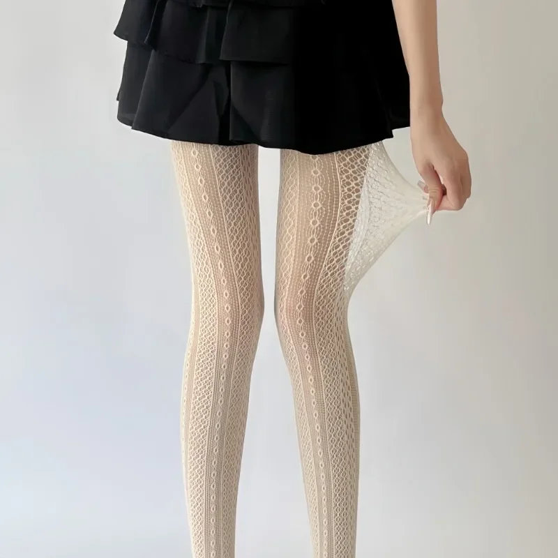 Collant a rete in pizzo a rete sexy da donna Nuovo stile Calze bianche elastiche in nylon Collant a righe verticali dolce francese scavato
