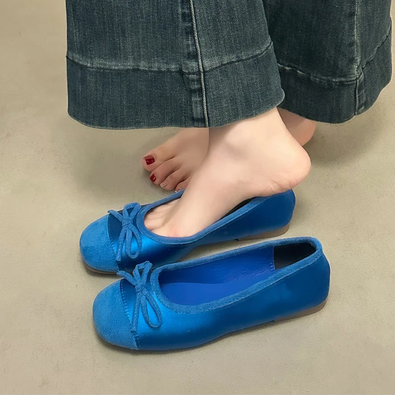 

New Minimalist Comfort Blue Ballet Flats Ladies Cute Bowknot Elegant Comfy Casual Daily Wear Shoes Women Shallow Flats Moccasins