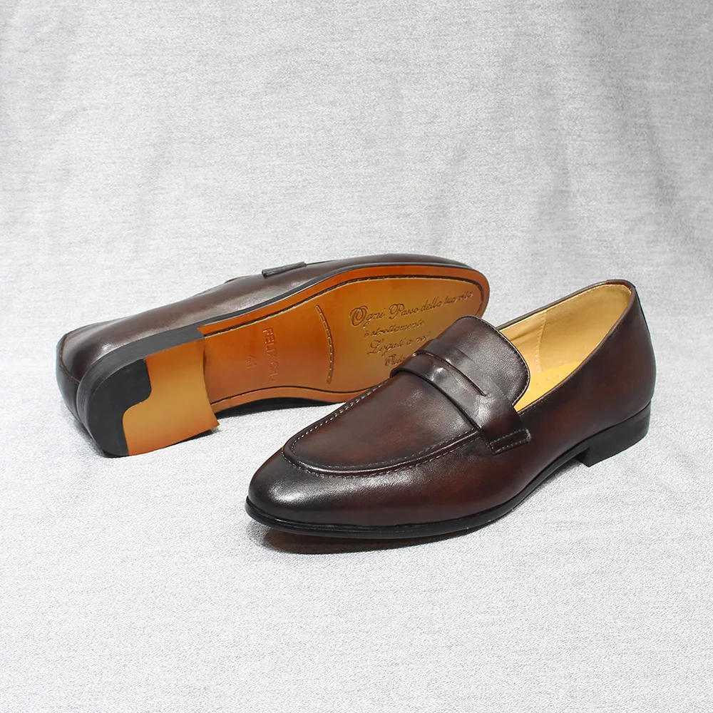 Tamanho 6-13 primavera outono masculino penny loafers couro genuíno pintados à mão deslizamento em sapatos de vestido de casamento masculino sapatos