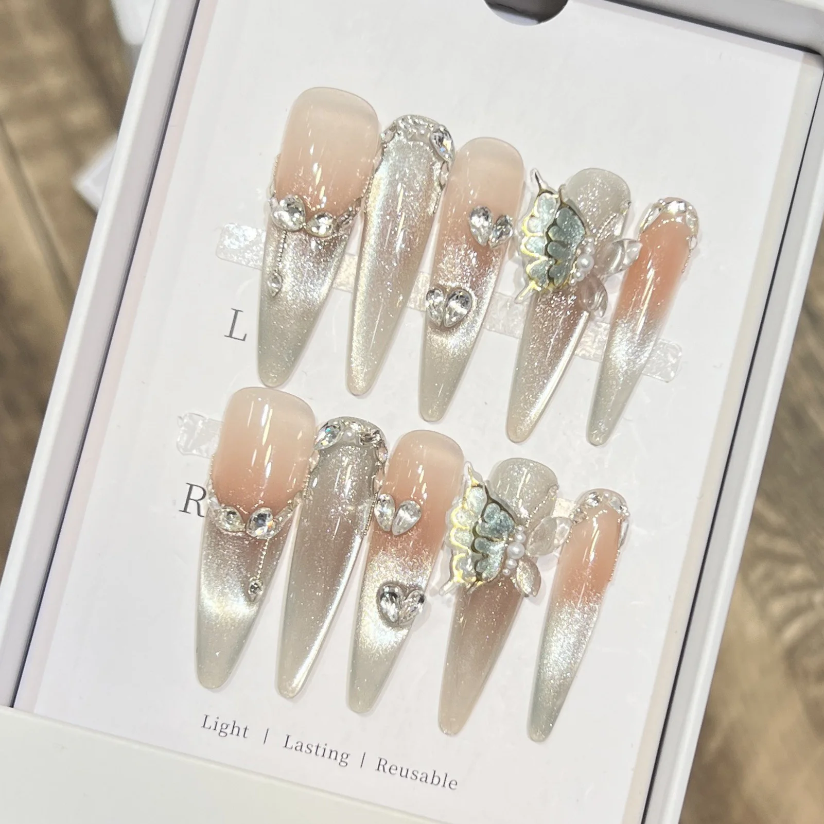 10pcs Cat Eyes False Nail With Glitter Tip Handmade Rhinestone Long Almond Press On Nails Shiny Full Cover French False Nail Tip