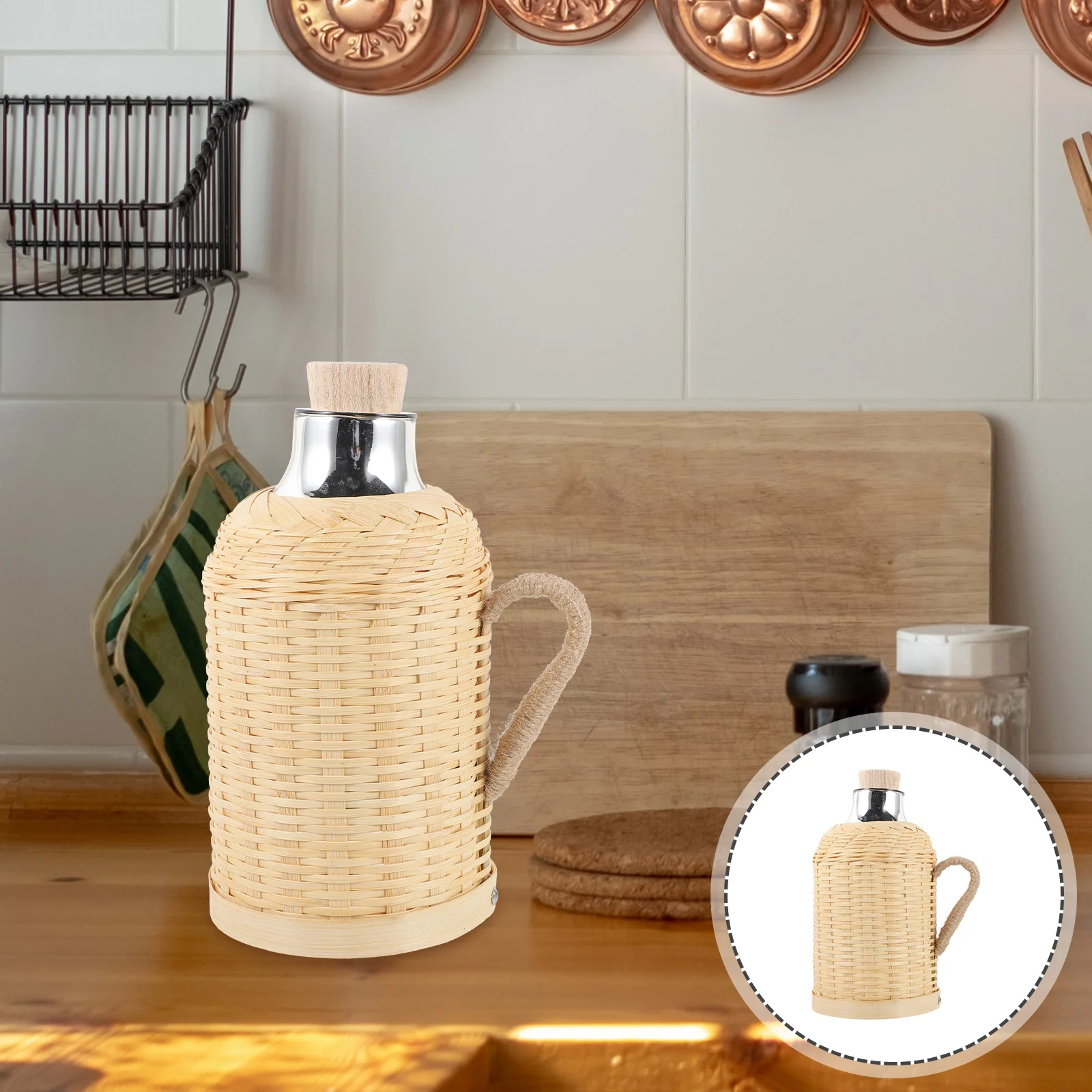

Bamboo Woven Glass Kettle Retro Thermal Bottle Vintage Design For Home Office Insulated Water Bottle Kitchen Bar Tool