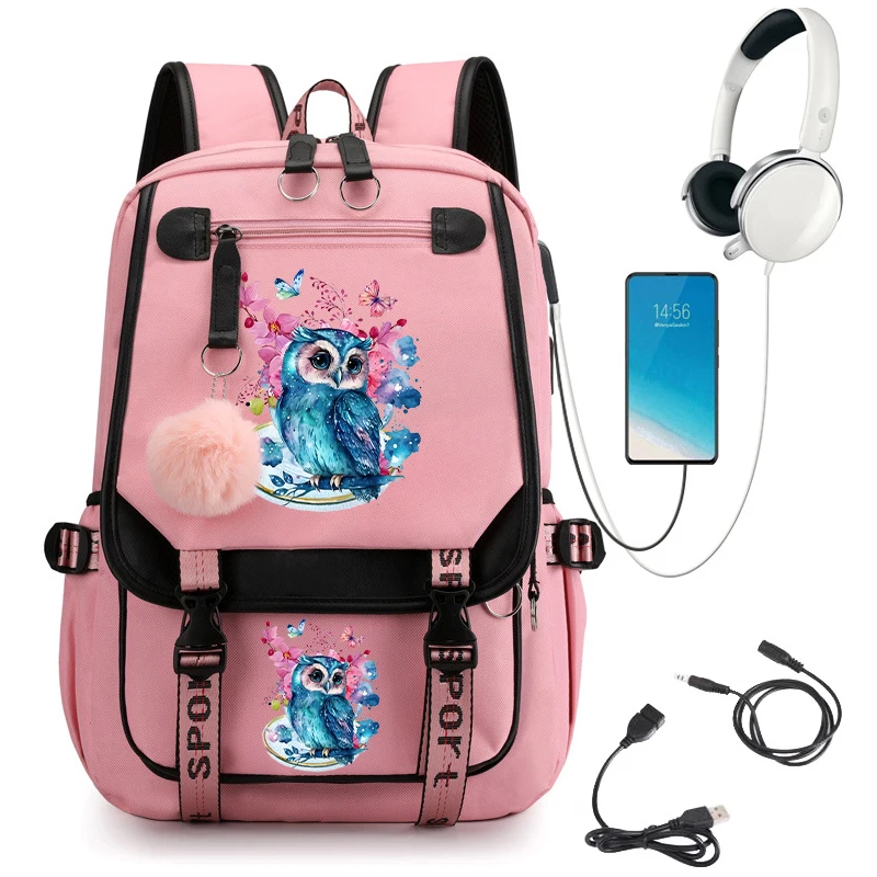 Mochila escolar para niña, morral escolar para niño y adolescente, con diseño de búho y flor, bolsa de Anime para escuela primaria, con carga Usb