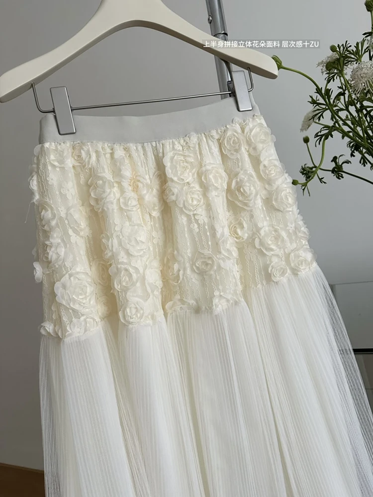 Floral Pleated Skirts Women Spring Summer Long Irregular Mesh Long Skirt Korean Fashion Elastic Waist Apricot Skirts Gauze Saias