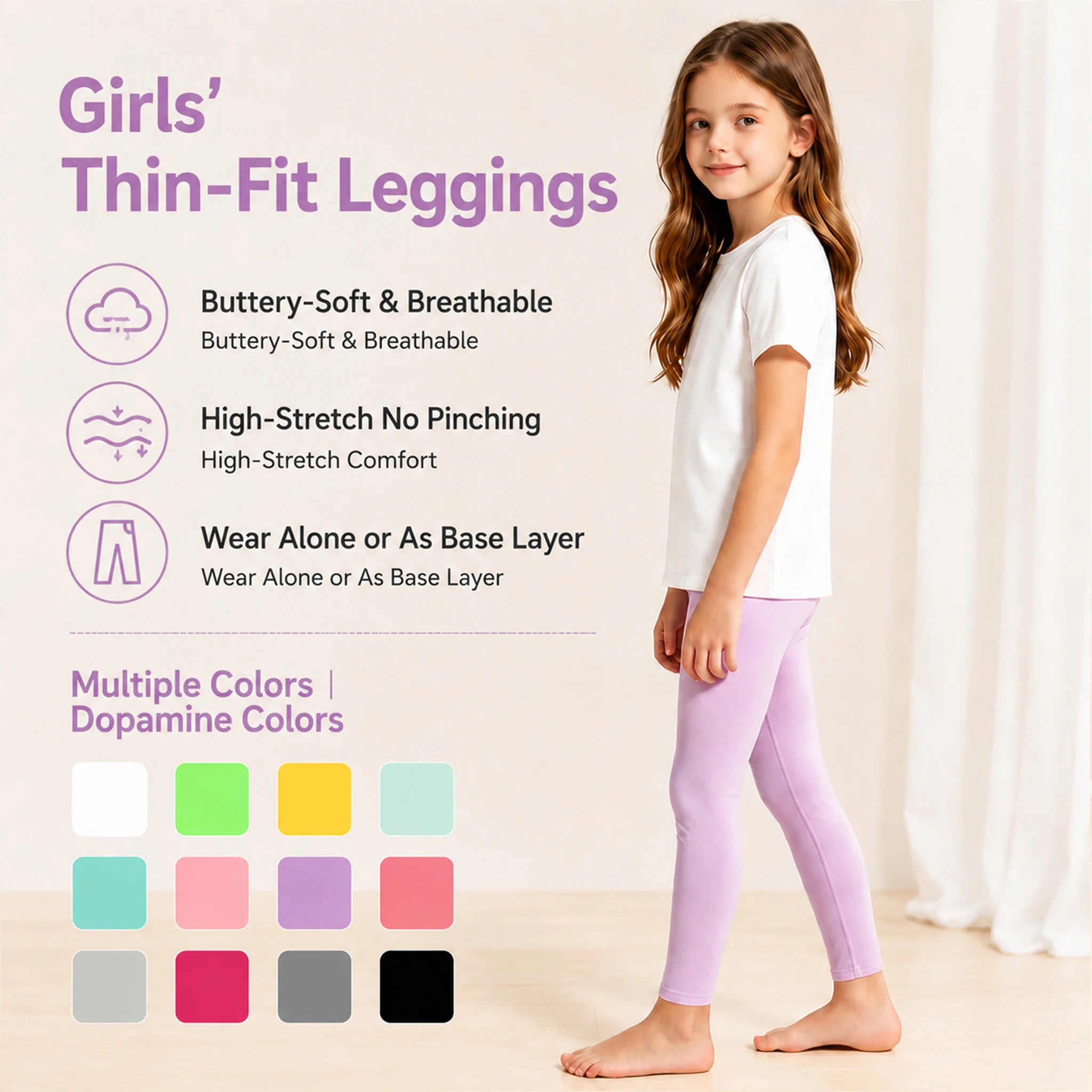 Girls' Modal Cotton Leggings, Summer Thin Style for Outer Wear, Kids Size 3-12 Years Old, Baby Candy Colors, 9/10 Length Pants