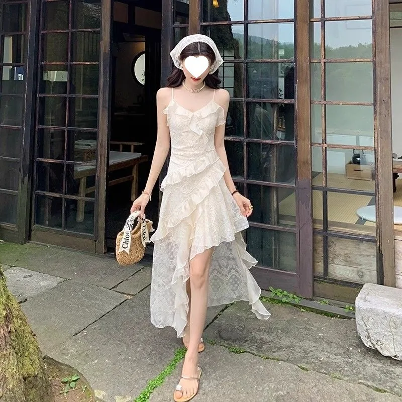 Women Lace Irregular Long Dress Spaghetti Straps Sensual Sheer Dress Fashion Streetwear Hollow Out Ruffles Sexy Dresses Y2k Robe