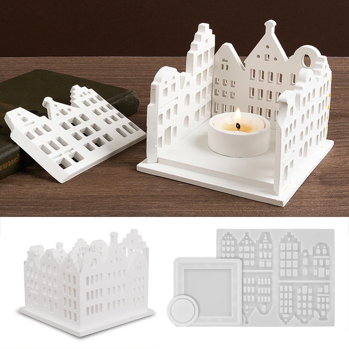 Concrete Square House Silicone Mold with Windows DIY Creative Castles Candle Holder Tea Lamp Mould 3D Nordic Craft Holiday Gift