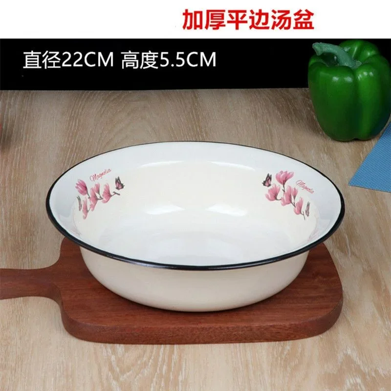 

Enamel Deep Dish with Thickened Wide Edge Soup Dish Fruit Barbecue Enamel Dish Ramen Rice Washing Bowl Salad Stainless Steel