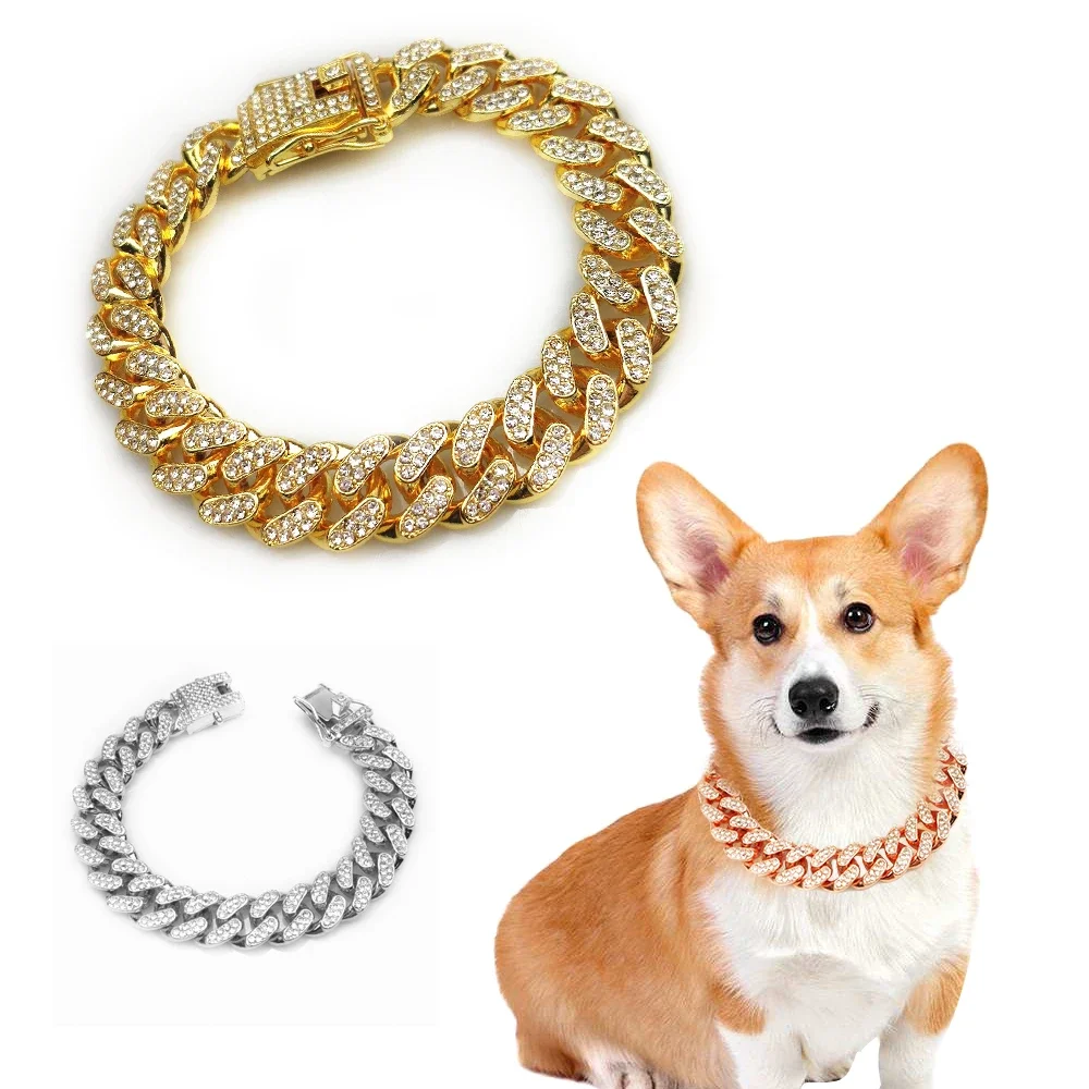 Collier de bain en métal avec biscuits pour chien, lien cubain doré, diamant de luxe, accessoires de bijoux pour chiot et chat