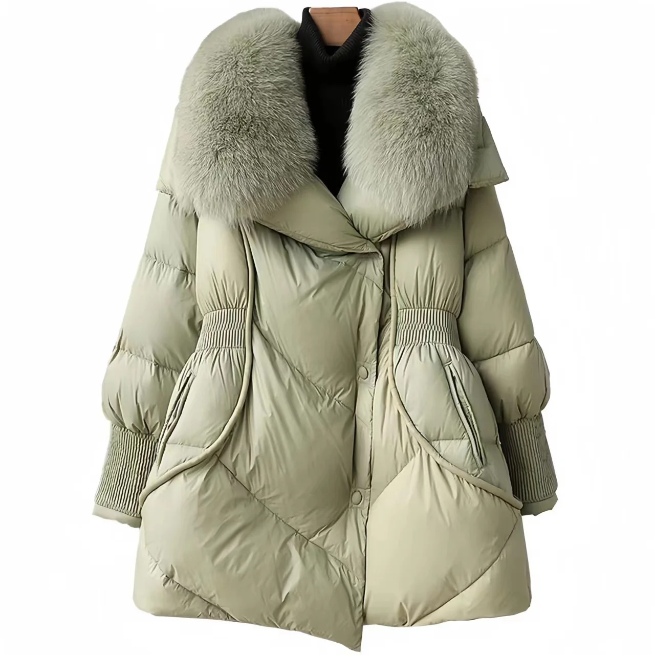 Single Breasted Coat for Women, White Goose Down Jacket,Fox Fur Collar Parkas, Thick Warm Clothing, Loose,Winter,New