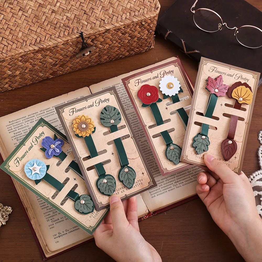 2 Pcs Long Strip Leather Bookmarks Floral Leaf Page Markers for Journal Planner Reading Great Gift for Women & Students