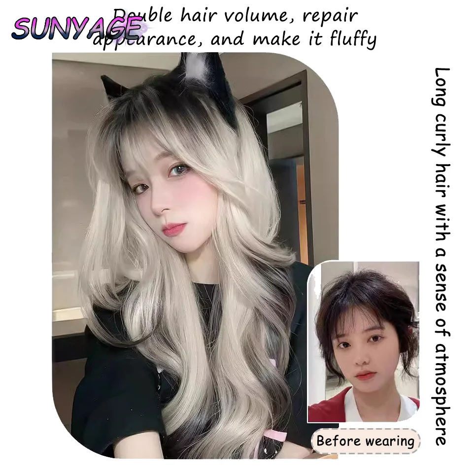 SUNYAGE Synthesis New Wig Female Long Hair Universal Black and White Gradient Wig Wavy curls Full Head Cover Wigs with Bangs