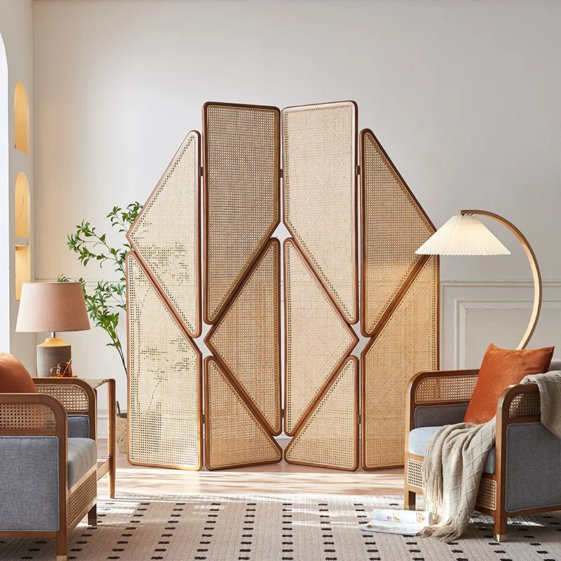 Nordic Wabi-Sabi Designer Rattan-Woven Solid Wood Folding Screen Partition for Living Room Hotel & Homestay Decoration