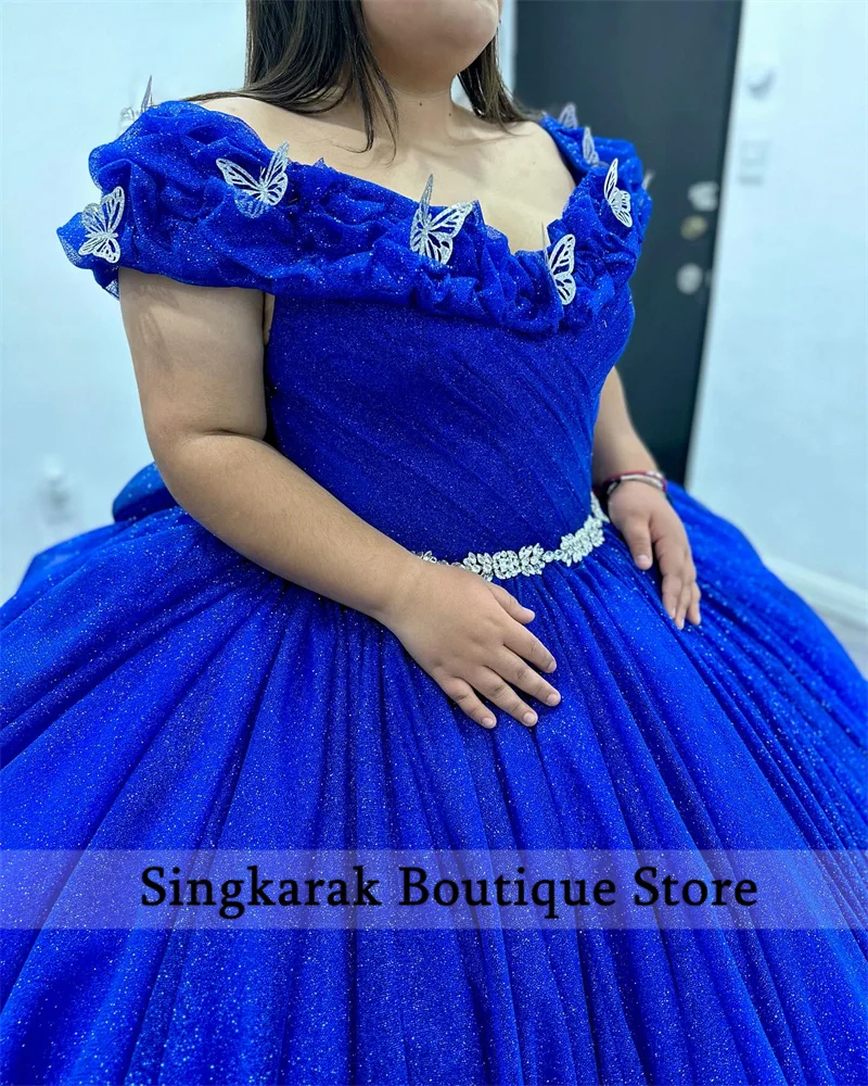 Glitter Royal Blue Butterfly Ball Gown Quinceanera Dresses With Bow Beads Rhinestones Appliques Birthday Party Sweet 16 Dress