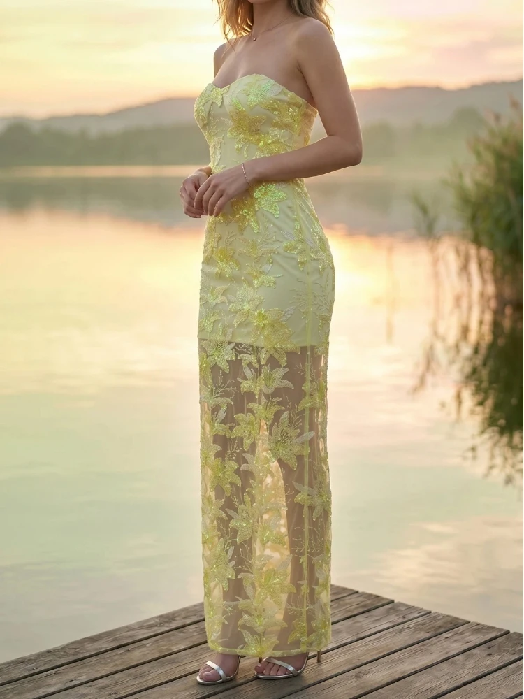 

Summer New Sexy Strapless Floral Embroidered Maxi Dress Sleeveless Backless Slimming Dress Luxury Evening Party Club Prom Gowns