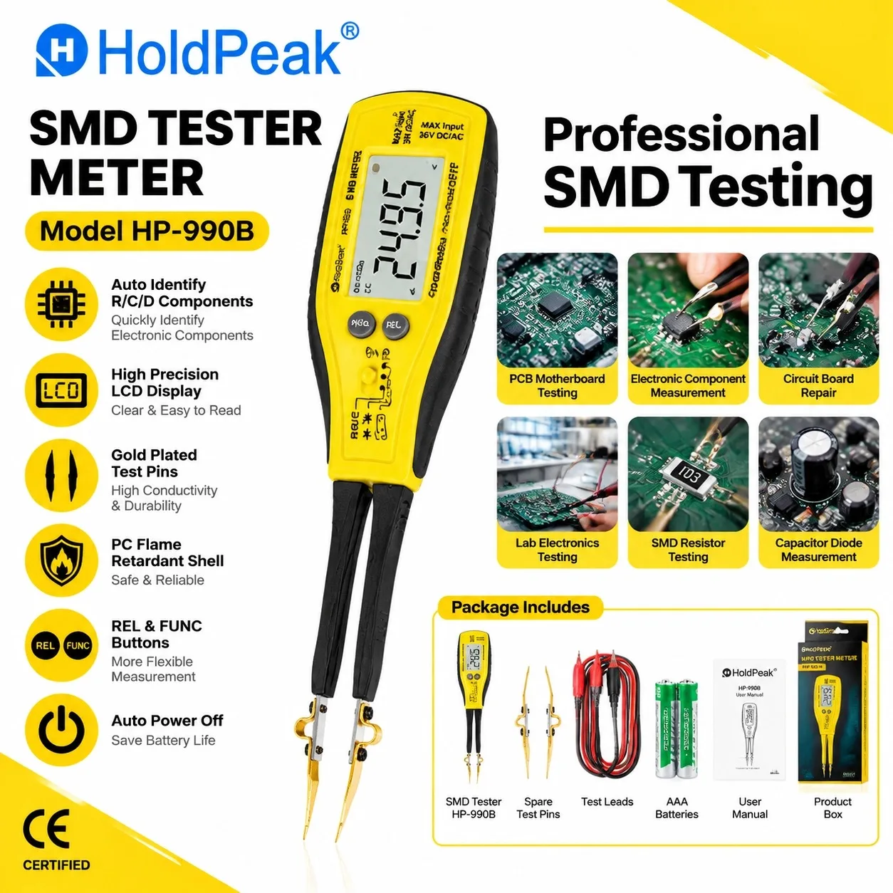 HoldPeak 990B Pen Type SMD Tester 4000 Counts Component Tester Resistance Capacitance Diode LED Continuity Buzzer
