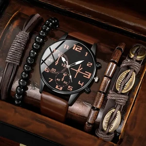 5 PCs Set Herren Sportsportbrazeln für Männer Retro Grande Dial Clock Klassische Männer lässig kaputte Lederuhr 11 Hauptverkaufssteinbluse - №5