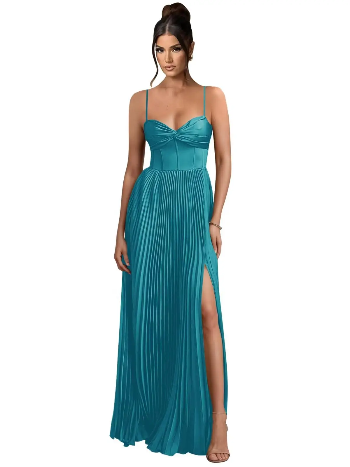 

KIVARY Satin Bridesmaid Dresses for Women Slit Long A Line Pleated Wedding Guest Dress Formal Cocktail Gown