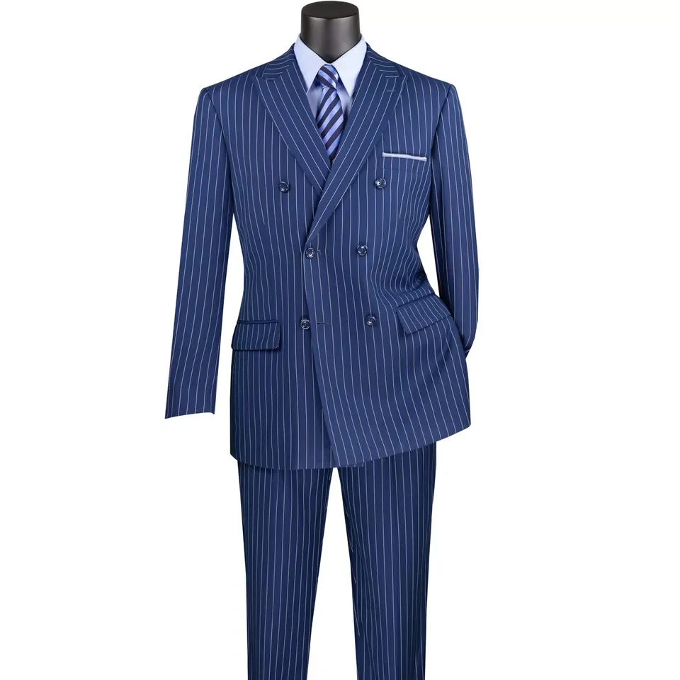 Business Men Suits Set 2 Piece Blazer Coat with Pants Royal Blue Stripes Double Braested Jacket Classic Style Customize