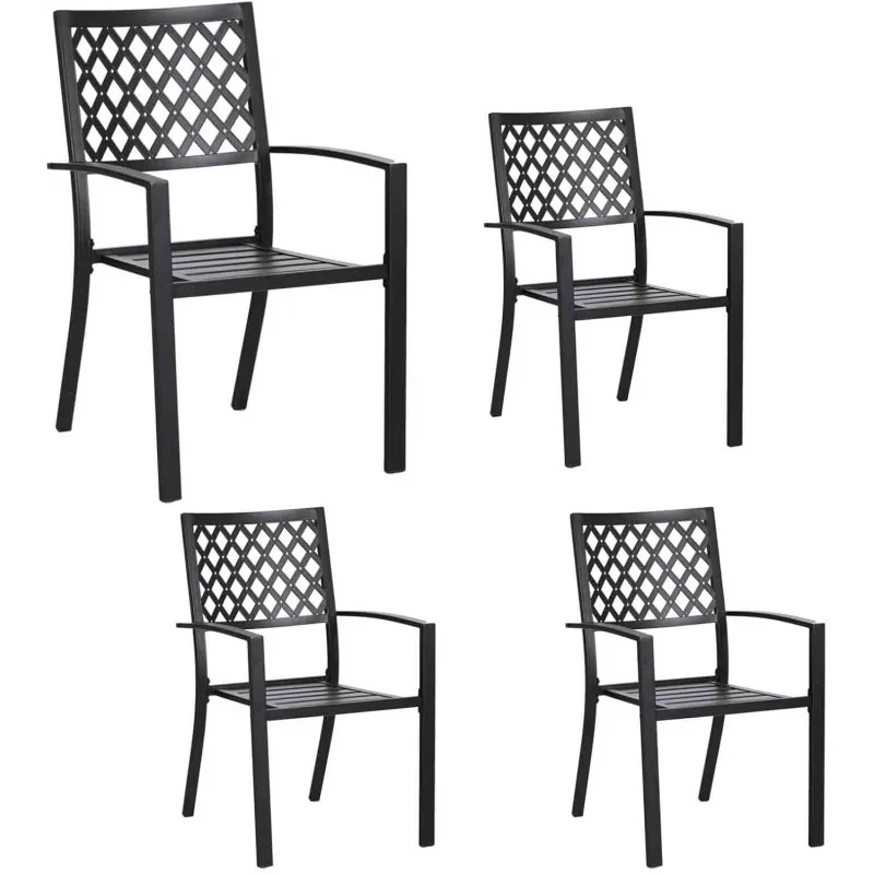 Patio Dining Stackable Chairs, Outdoor Wrought Iron Furniture Set Bistro Chairs with Armrest,Black (Fishnet Pattern, 4 Set)