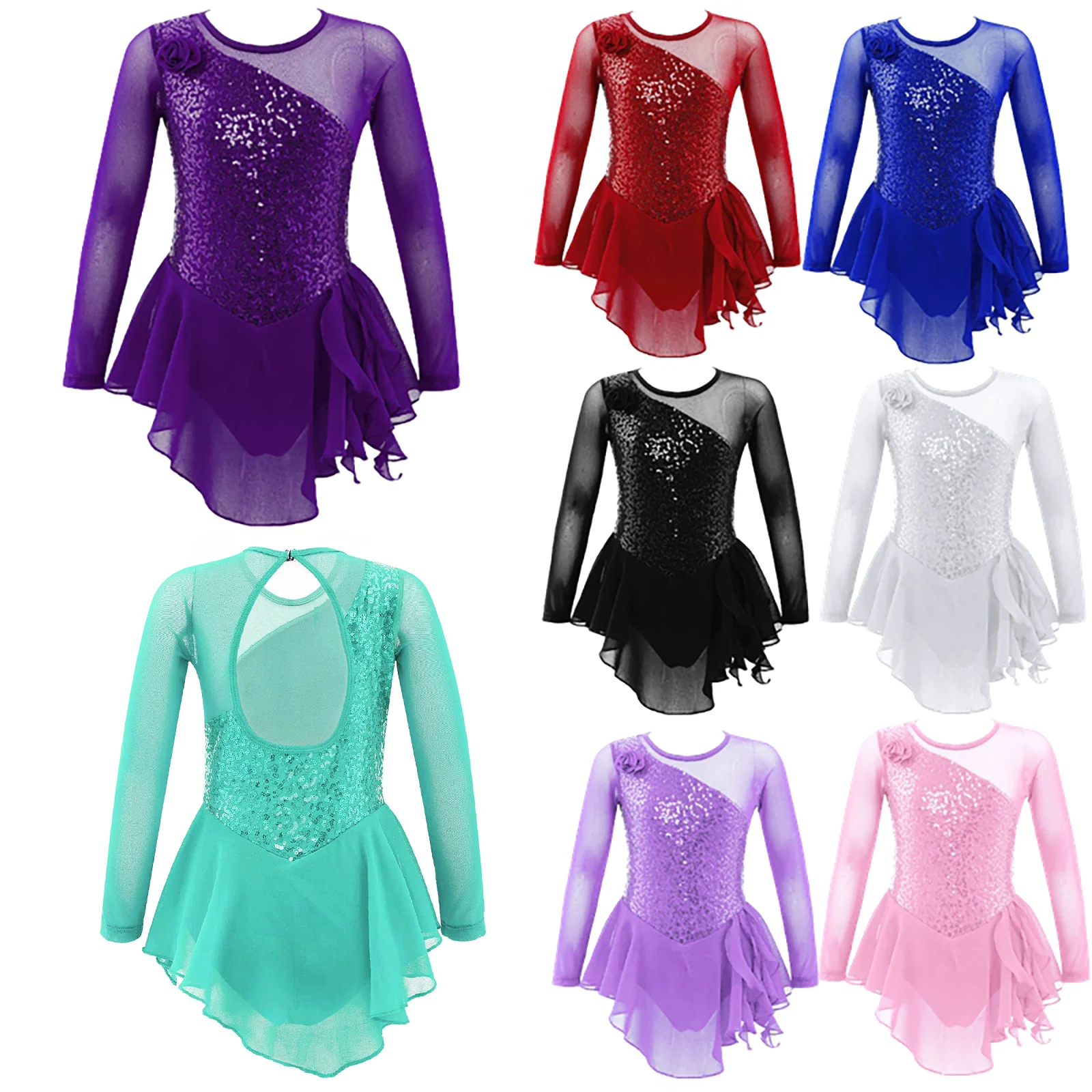 New Kids Girls Shiny Sequin Ballet Jazz Dance Dress Long Sleeve with Flower Figure Skating Performance Party Costumes Dancewear