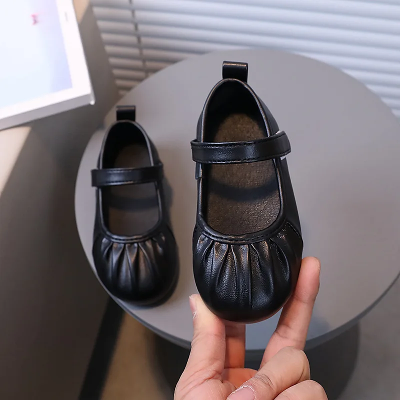 New Girl's Princess Shoes Pleated Black Sliver Fashion Autumn Kids Mary Janes Daily All-match Shallow Children Flat Shoes 21-30