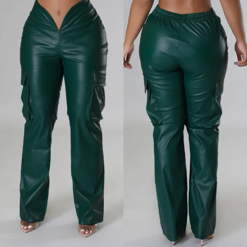 Solid 3D Pockets PU Leather Cargo Pants Women Fashion Elastic V Cut Low Waist High Stretch Straight Trousers Casual Streetwear