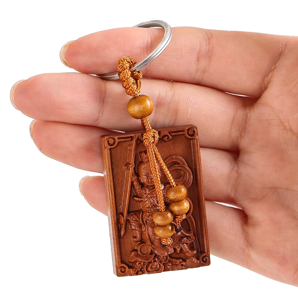 Natural Peach Wood Nezha Keychain Amulet Auspicious Safety Car Rearview Mirror Hanger for New Driver & Housewarming Gift