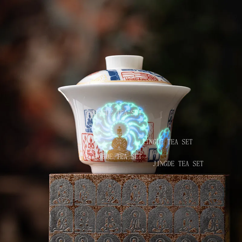 Buddha Statue Covered Bowl Chinese Style Formless Buddha Light Tea Bowl Household Luminous Lid Bowl Drinking Utensils