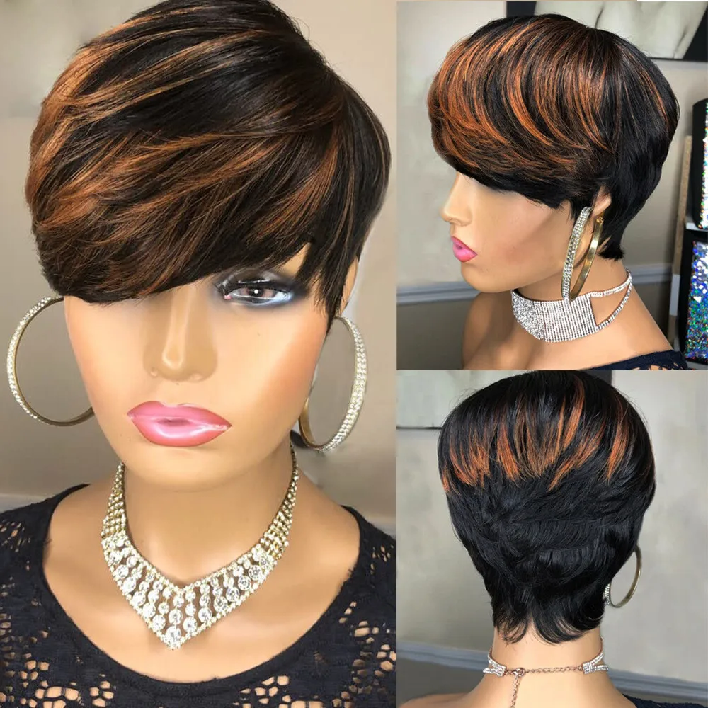 

Pixie Cut Short Wigs with Bangs Black with Brown Highlight Wigs
