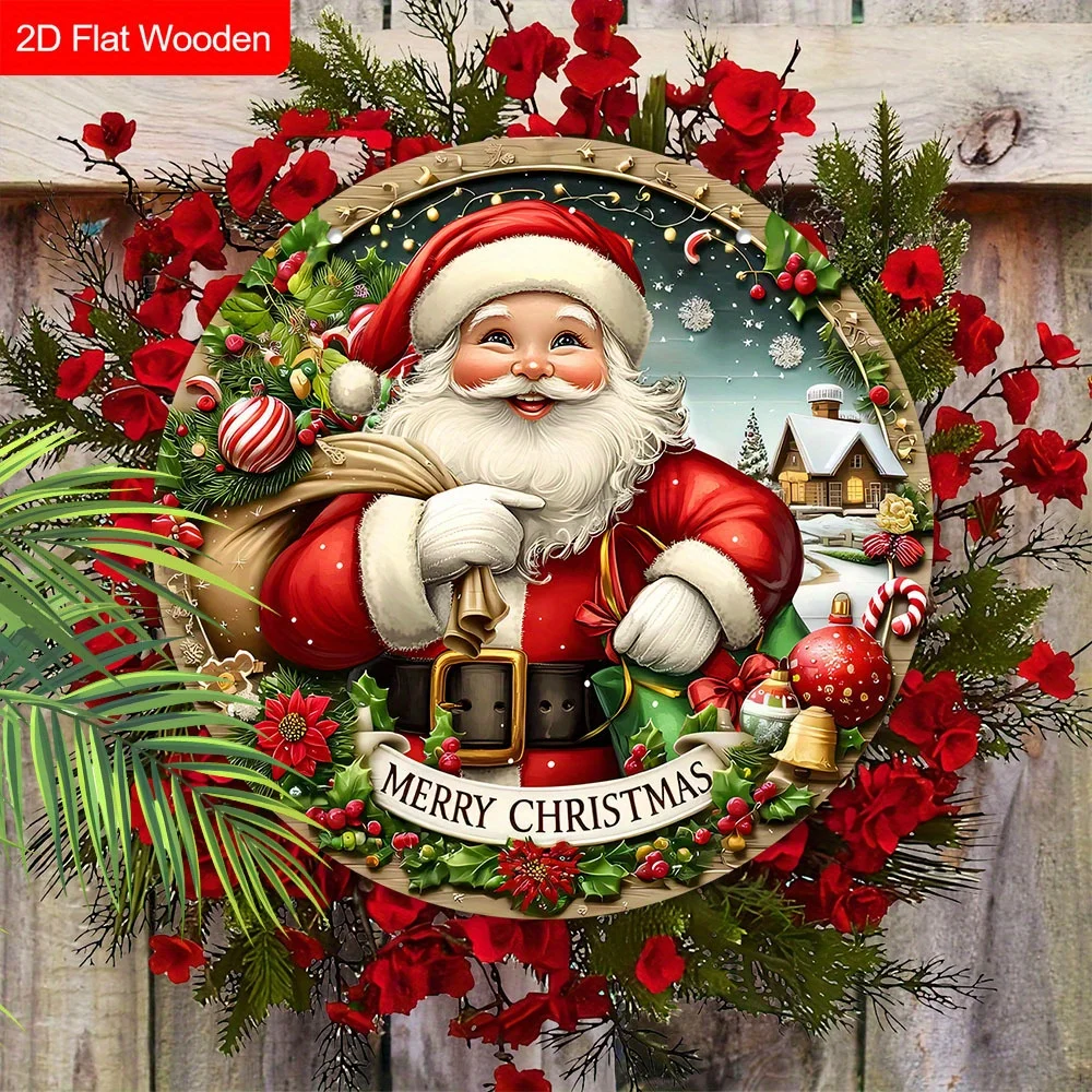 2D Flat, 2D Flat, 2D Flat Printing 1pc Reusable Wooden Santa Candy Cane Round Wall Decor, with Holly Berries And Snowy Evergreen