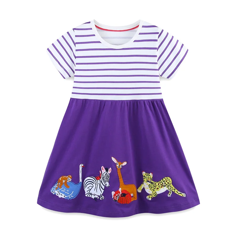 

2-7T Jumping Meters 2025 Animals Applique Girls Dresses Summer Short Sleeve Striped Baby Clothing Cotton Kids Frocks Dresses