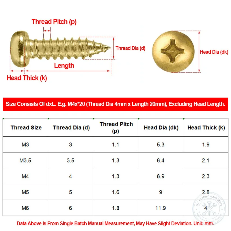 2-50pcs Hardened Brass Phillips Pan Head Self Tapping Wood Screw M3 M3.5 M4 M5 M6 6-50mm For Woodworking Furniture Decoration