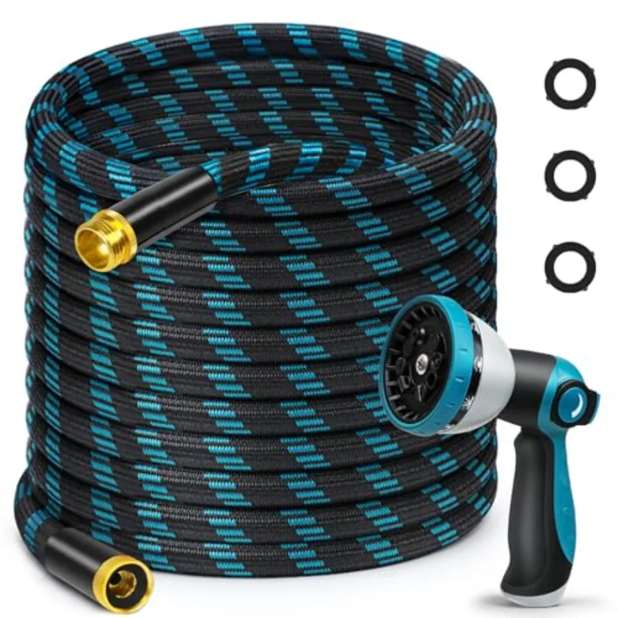 

100Feet Garden Hose, Non-Expandable Flexible Fabric Water Hose with 10-Function Spray Nozzle, Kink-Free Lightweight Yard Hose w