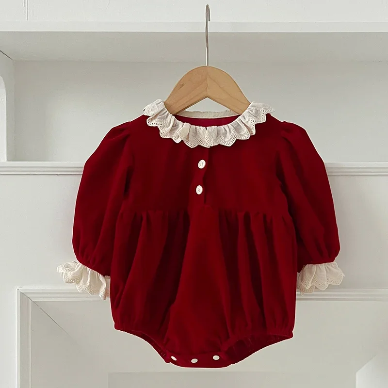 Christmas Baby Girls Outfit Romper Lace collar Jumpsuit New Years Red Playsuit Xmas Pullover Bodysuits Fall Winter Child Clothes