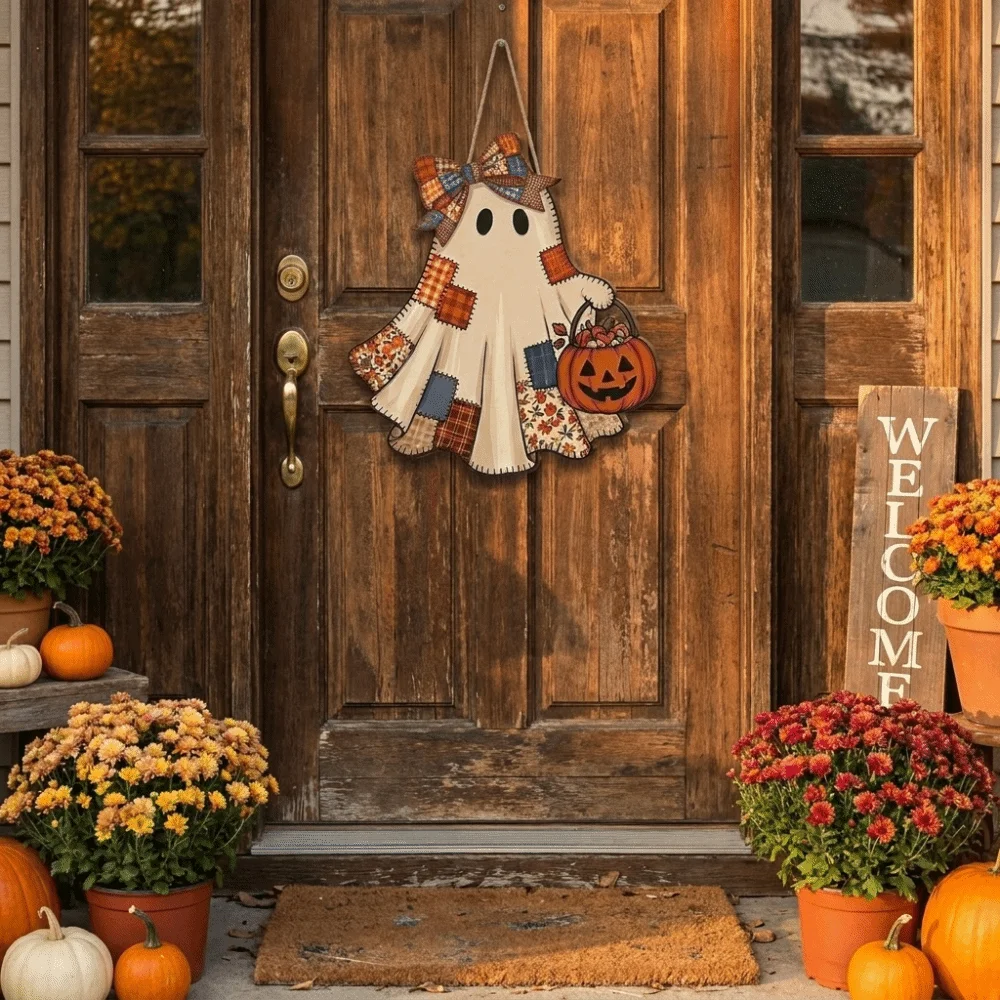 2D Flat Ghost Door Hanging Rustic Style Cartoon Pattern Ghost Witch Hat Doorplate White-Clad Ghost Theme