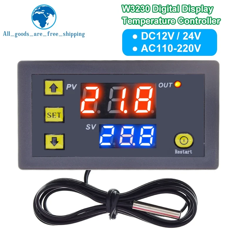 W3230 12V 24V AC110-220V Probe line 20A Digital Temperature Control LED Display Thermostat With Heat/Cooling Control Instrument