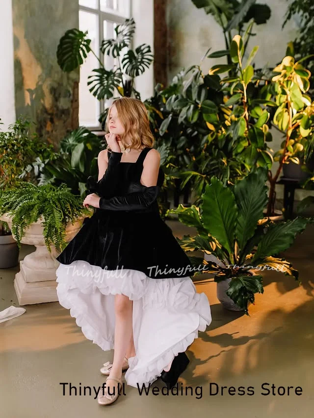 Thinyfull A-line Flower Girl Dress Square Collar Velvet/Organza Children's Evening Dresses Princess Birthday Gown Customized