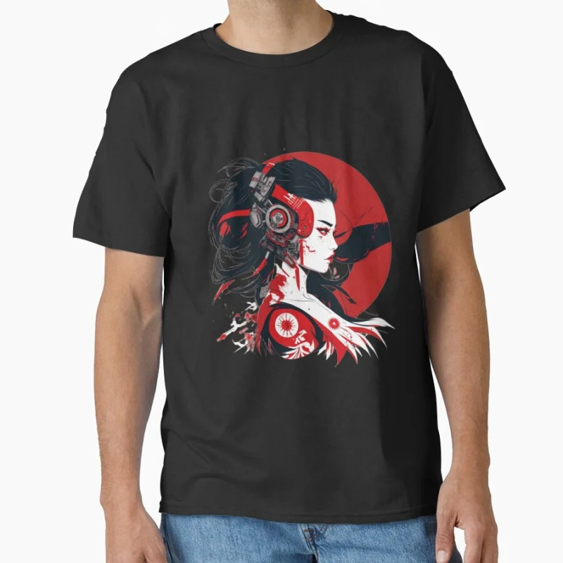 

Badass Cyborg science fiction robot japan traditional art Japanese Cyborg Geisha Cyberpunk T-shirt Large size Adult Tops S-6xl