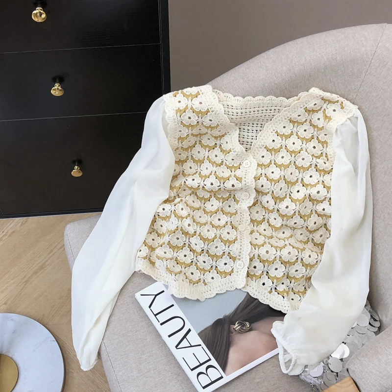 Embroidery Floral Crochet Knit Top Women Long Sleeve V-Neck Button Front Blouse Cardigan Spring Summer Fairycore Outfit