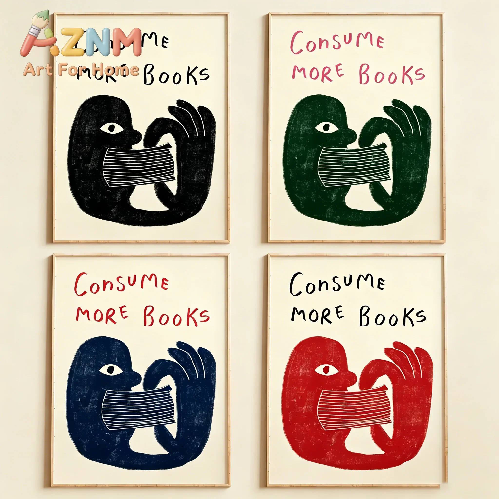 AZNM Frameless Canvas Wall Art Consume More Books Quote Print Abstract Cartoon Figure Reading Typography Poster Library Study Ro