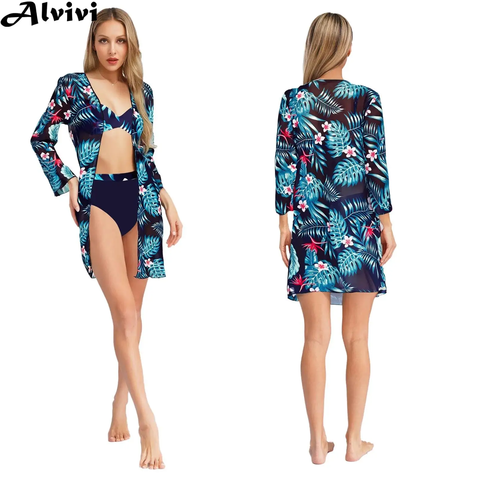 

Женский комплект бикини, купальник на косточках, бюстгальтер с мягкой подкладкой и коротким шифоновым накидкой, купальник с тропическим принтом для пляжа, бассейна, купания от солнца