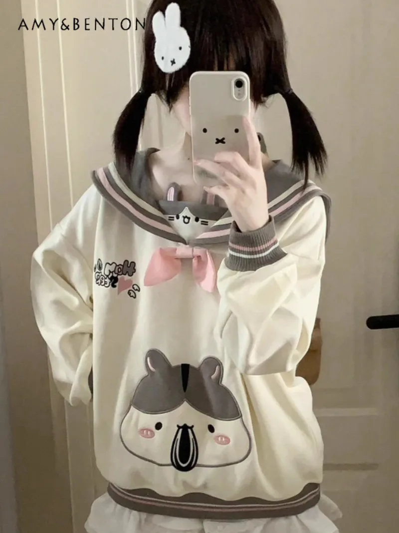 가을 일본식 패치워크 네이비 칼라 만화 자수 애니메이션 달콤한 긴 소매 스웨트셔츠 귀여운 다용도 데일리 루즈 후드티