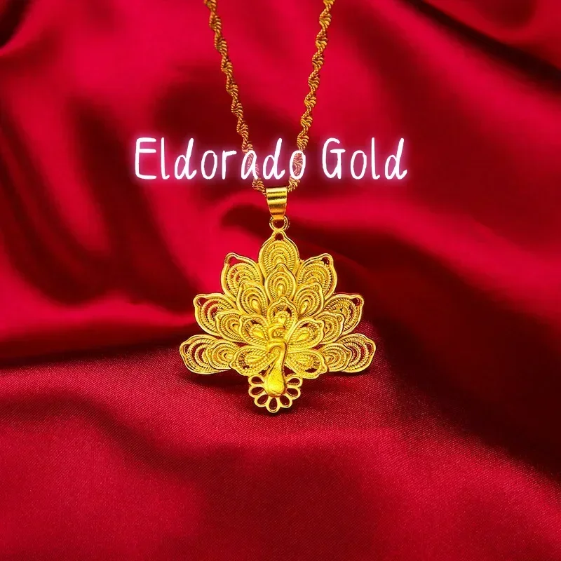 Eldorado Gold  9999 real gold 24K yellow gold Peacock Open Screen Hollow Pendant Clavicle Chain Lady