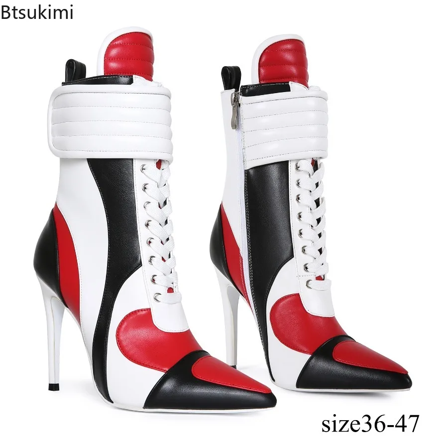 Women's Pointy Toe Lace Up Mixed Colors Motor Boots Leather Pointy Toe Good Quality Zipper Booties Luxury Designer Party Shoes